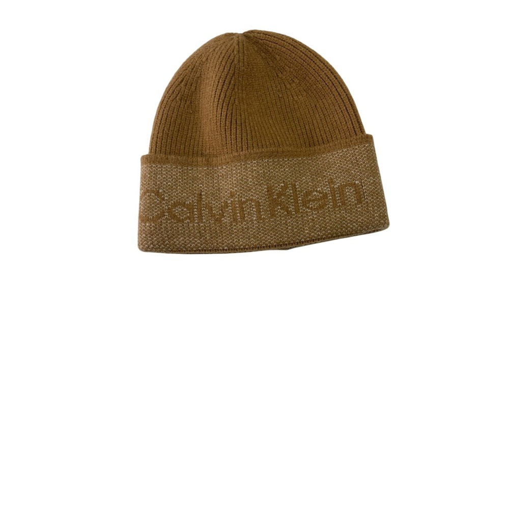 Calvin Klein Camel Brown Faux Fur Lined Ribbed Knit Beanie Hat Logo Cuff